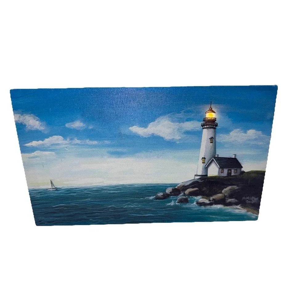 Light Up Lighthouse Canvas Wall Art – Battery Powered LED Nautical Decor